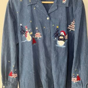 Karen Scott denim button down snowmen 100 percent cotton